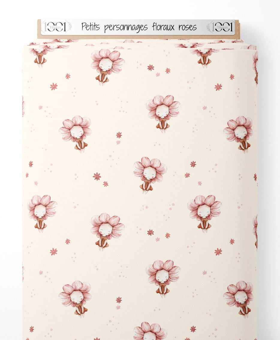 Tissu - Petits personnages floraux roses