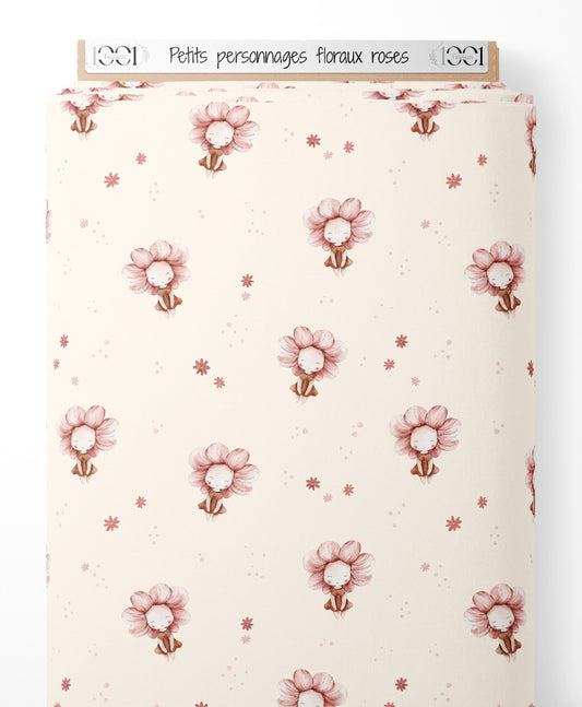 Tissu - Petits personnages floraux roses