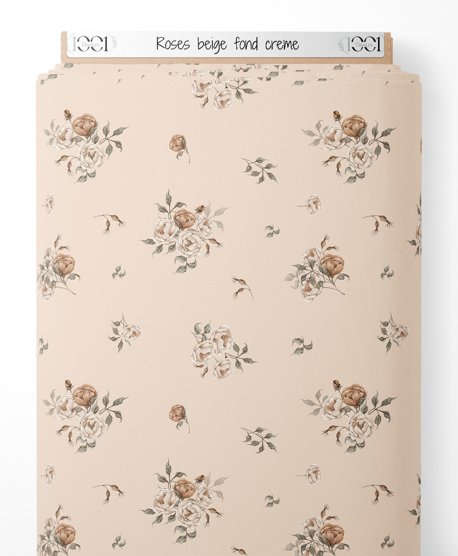 Tissu - Roses beige sur fond crème