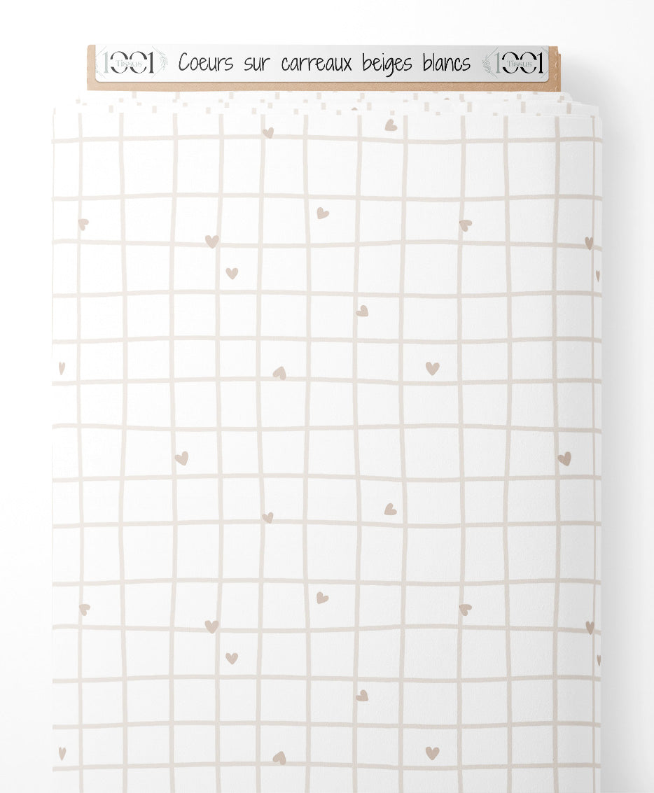 Tissu - Cœurs sur carreaux beiges blancs