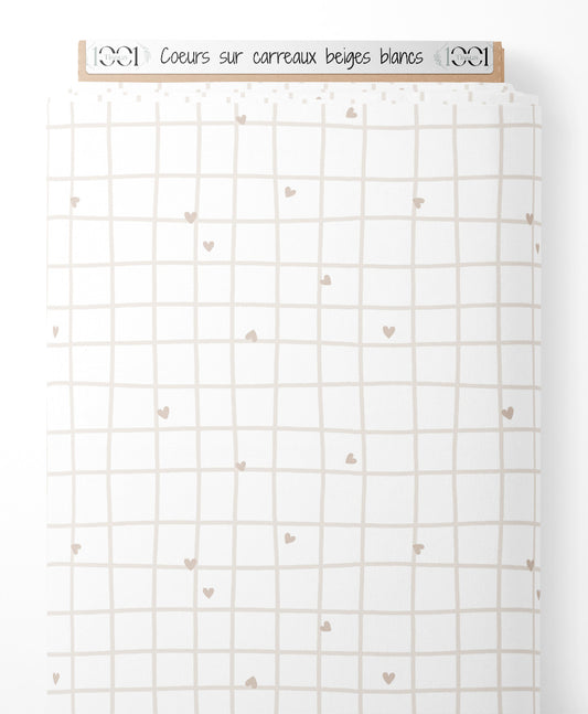 Tissu - Cœurs sur carreaux beiges blancs