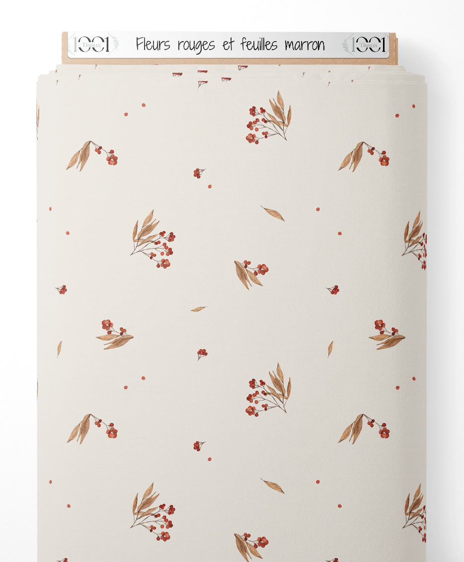 Tissu - Fleurs rouges et feuilles marron