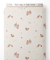 Tissu - Fleurs rouges et feuilles marron