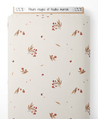 Tissu - Fleurs rouges et feuilles marron