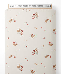 Tissu - Fleurs rouges et feuilles marron