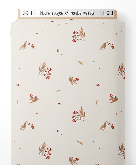 Tissu - Fleurs rouges et feuilles marron