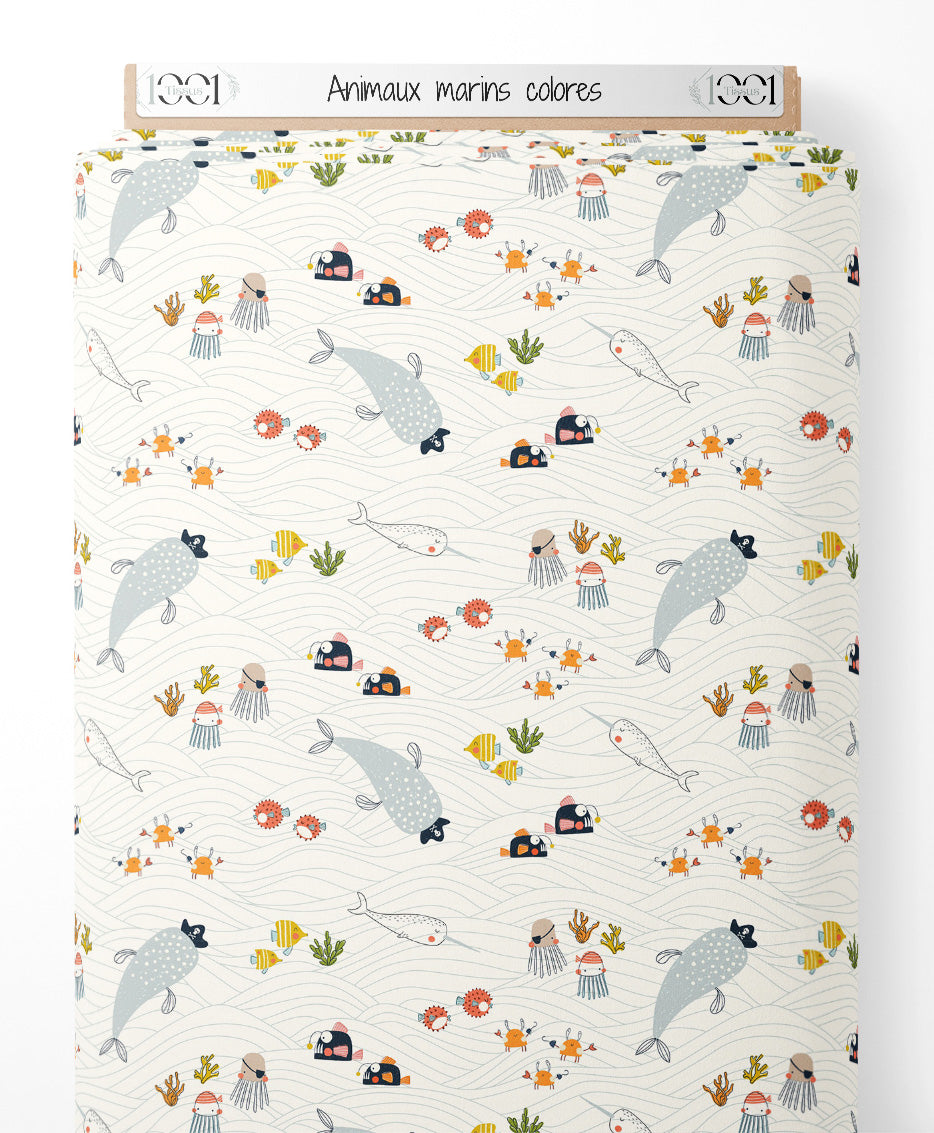 Tissu - Animaux marins colorés