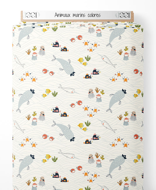 Tissu - Animaux marins colorés