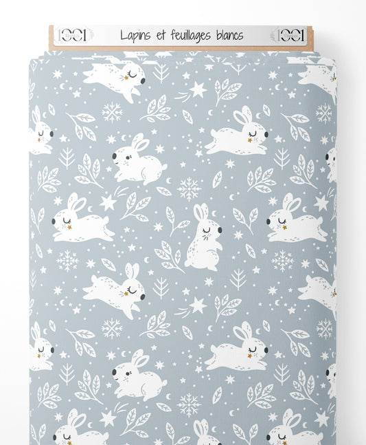 Tissu - Lapins et feuillages blancs
