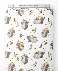 Tissu - Hérissons et fleurs pastel