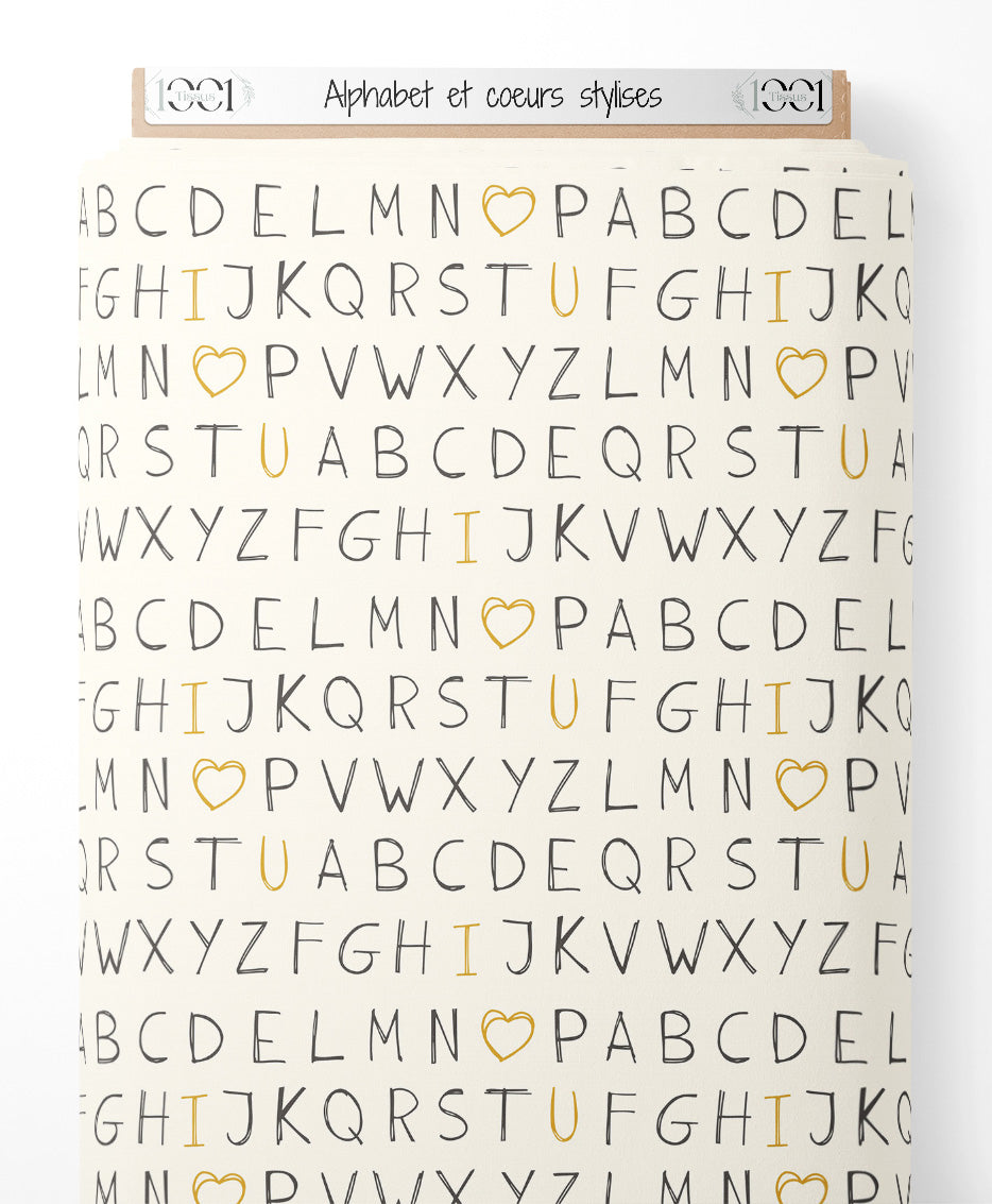 Tissu - Alphabet et cœurs stylisés