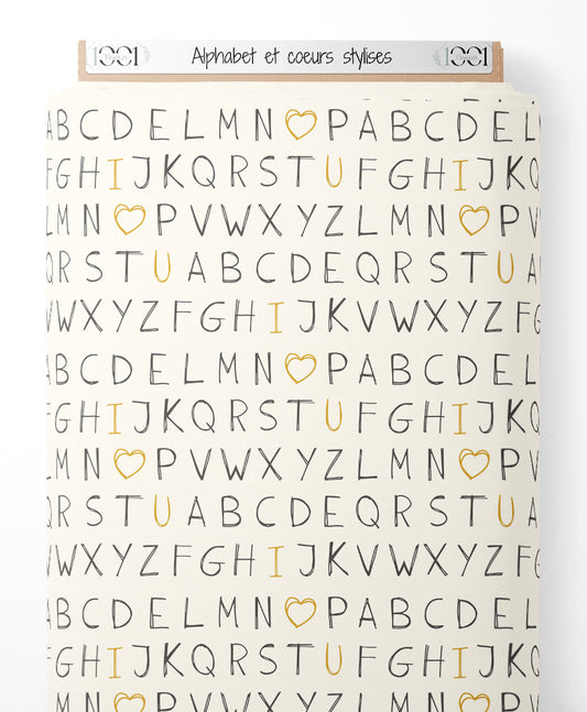 Tissu - Alphabet et cœurs stylisés