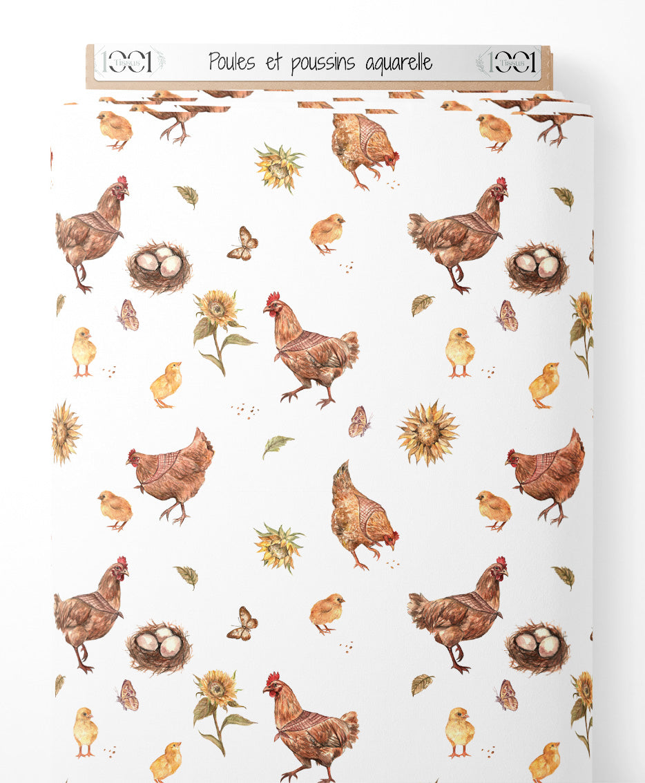 Tissu - Poules et poussins aquarelle