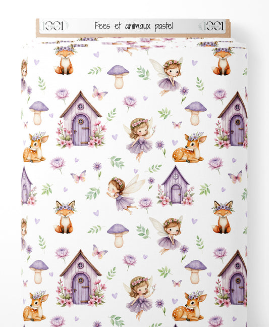 Tissu - Fées et animaux pastel