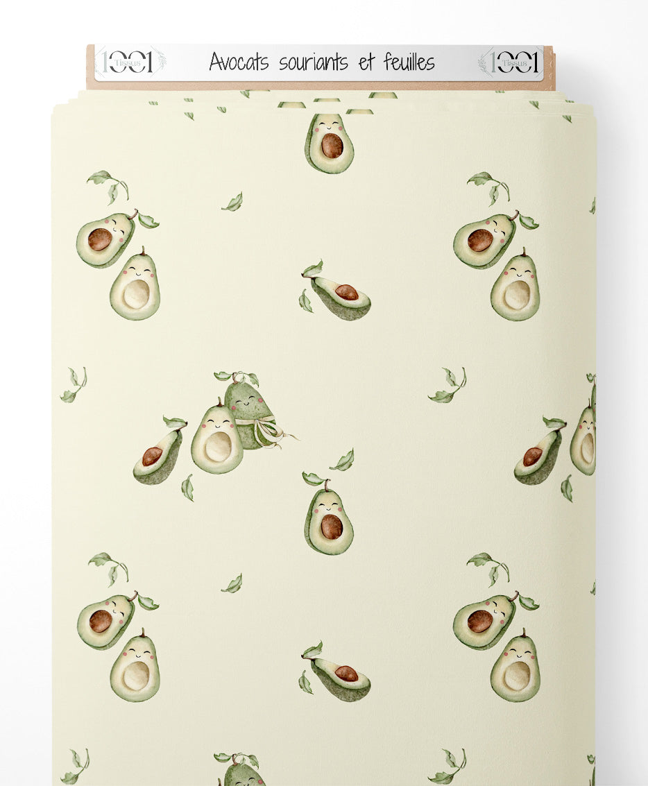 Tissu - Avocats souriants et feuilles