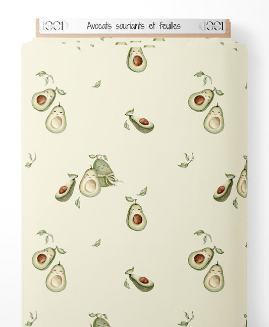 Tissu - Avocats souriants et feuilles