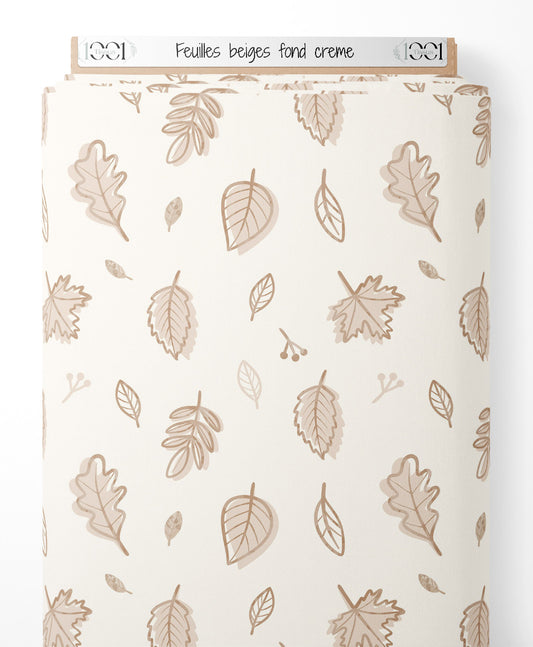 Tissu - Feuilles beiges sur fond crème