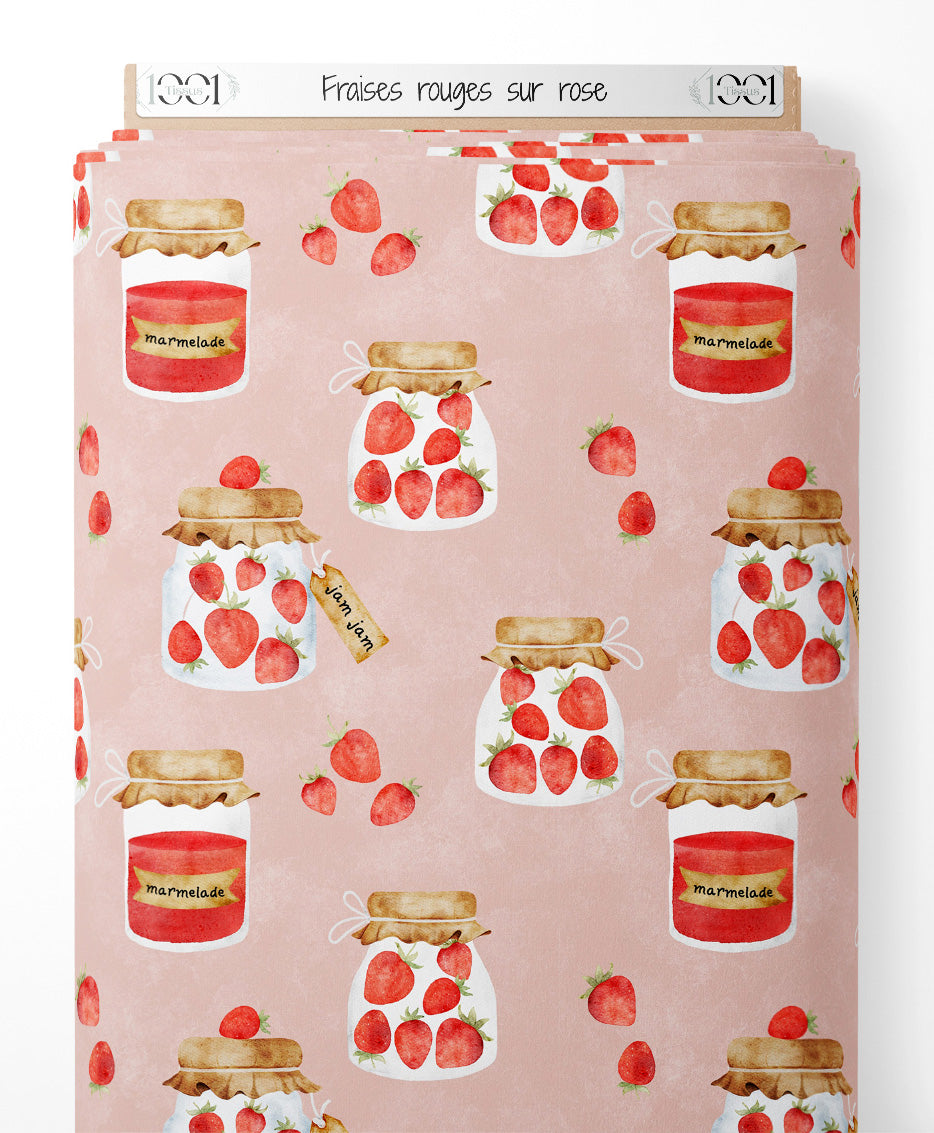 Tissu - Fraises rouges sur rose