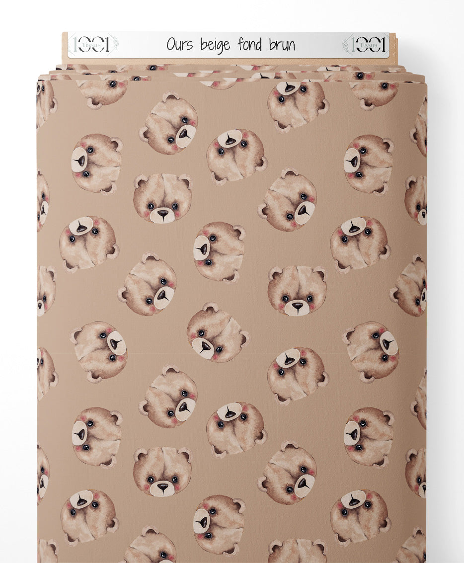 Tissu - Ours beige sur fond brun