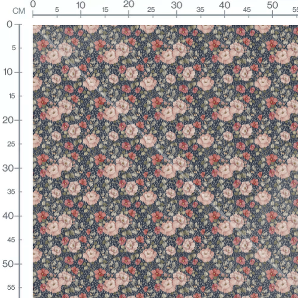Tissu - Fleurs roses et rouges bleu