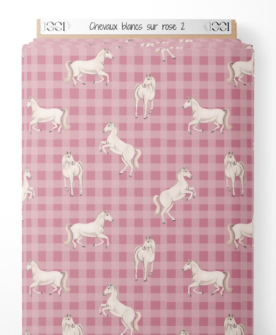 Tissu - Chevaux blancs sur rose 2