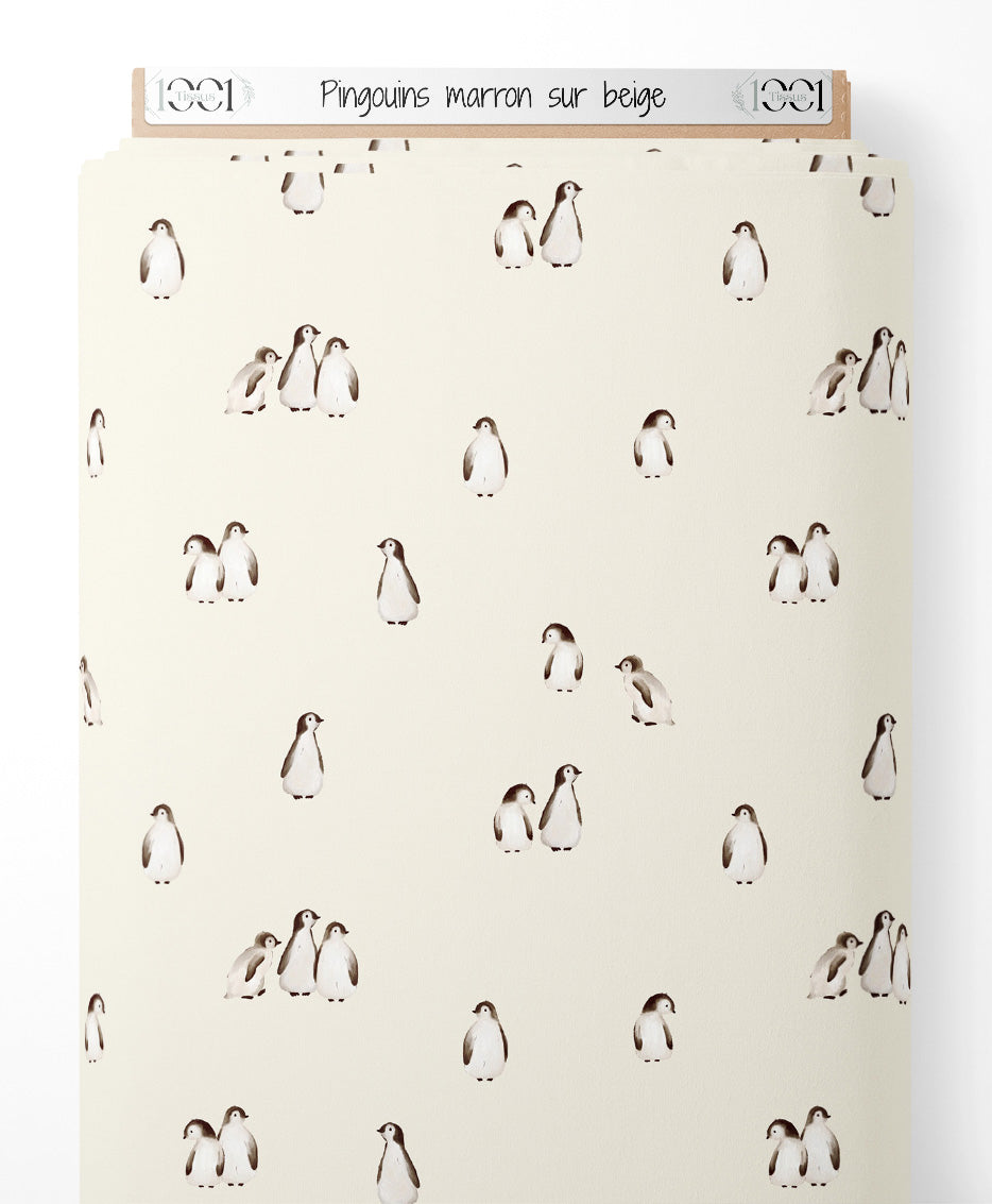 Tissu - Pingouins marron sur beige