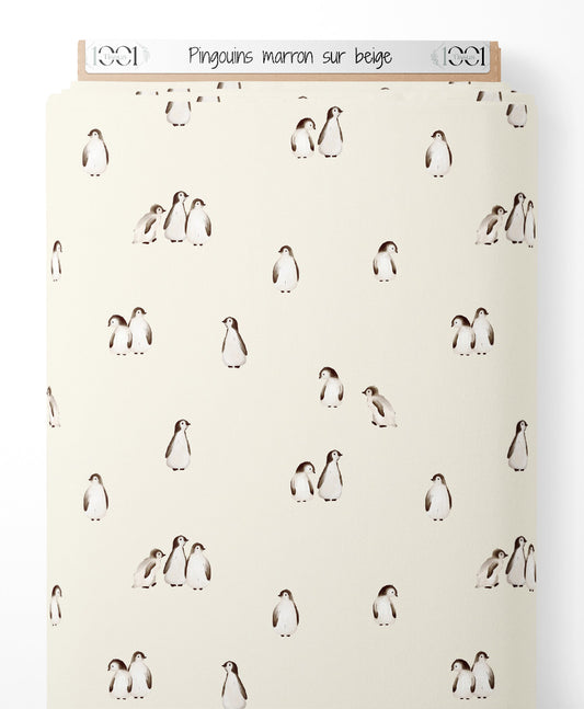 Tissu - Pingouins marron sur beige