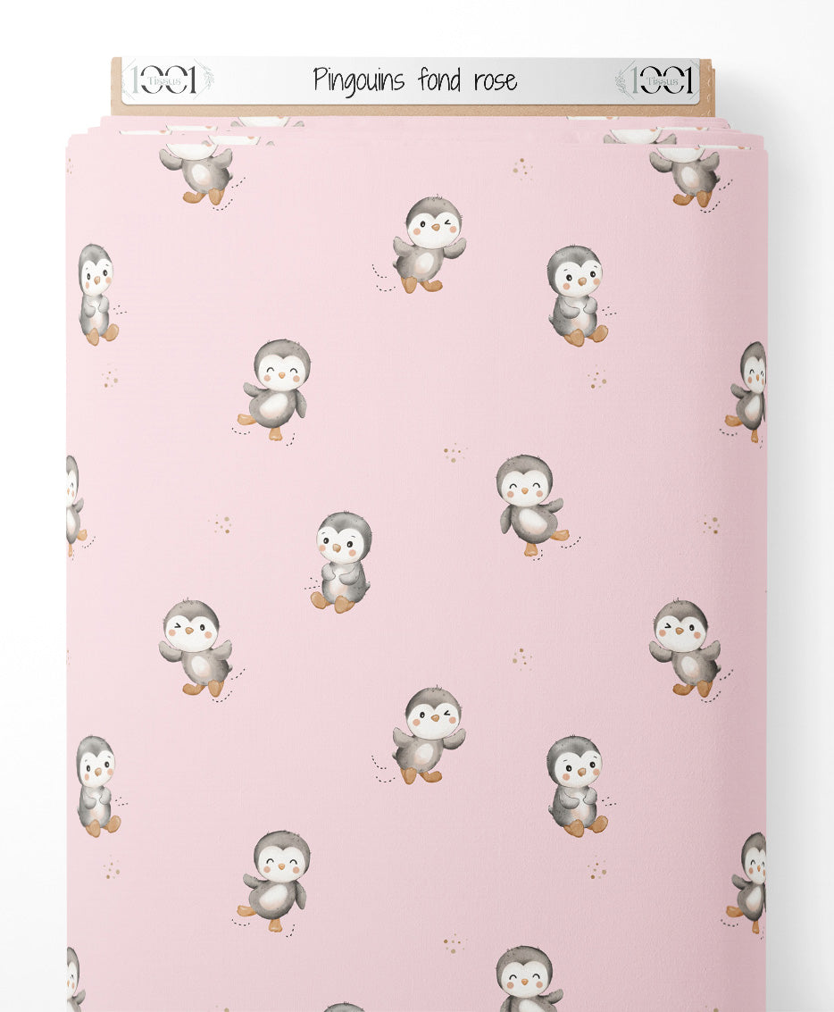 Tissu - Pingouins sur fond rose