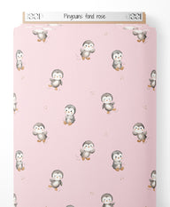 Tissu - Pingouins sur fond rose