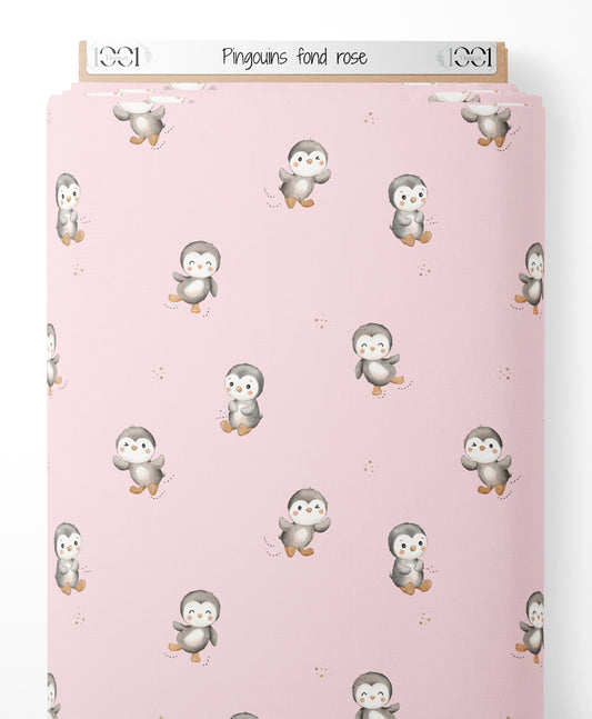 Tissu - Pingouins sur fond rose