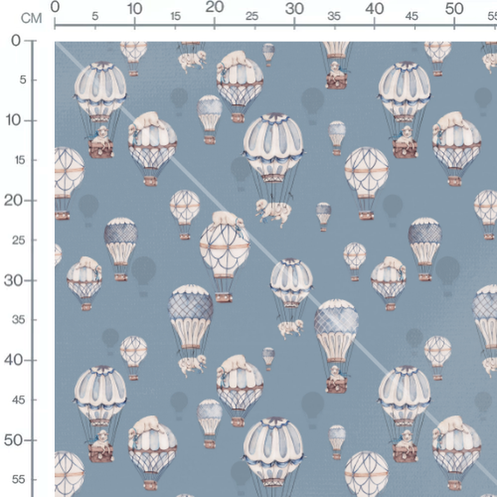 Tissu - Chiens sur montgolfières bleues