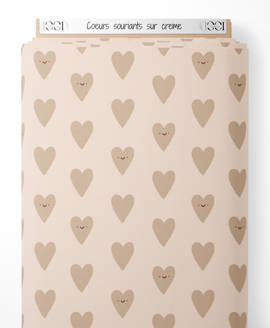 Tissu - Cœurs souriants sur crème