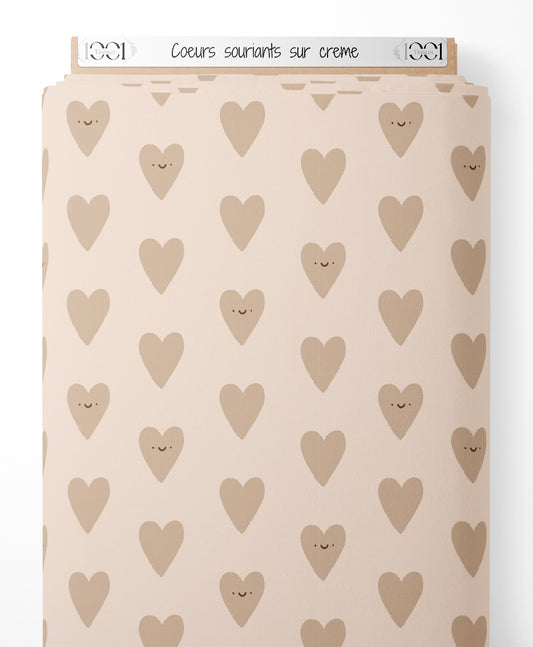 Tissu - Cœurs souriants sur crème