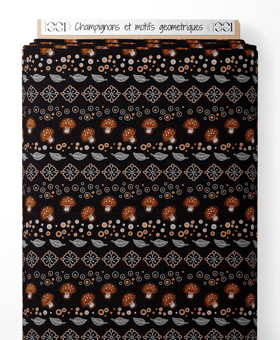 Tissu - Champignons et motifs géométriques
