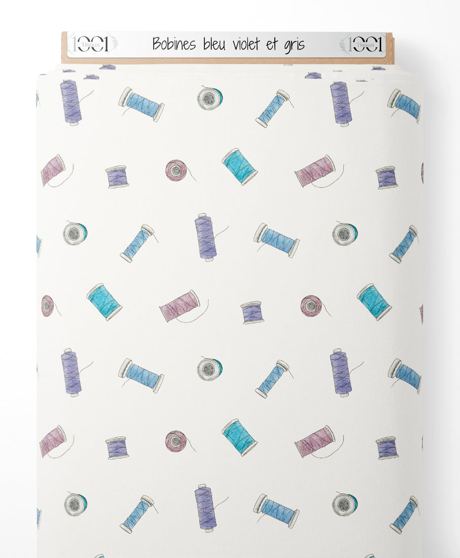Tissu - Bobines bleu, violet et gris