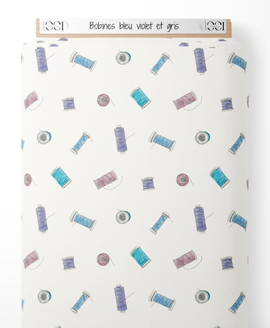 Tissu - Bobines bleu, violet et gris