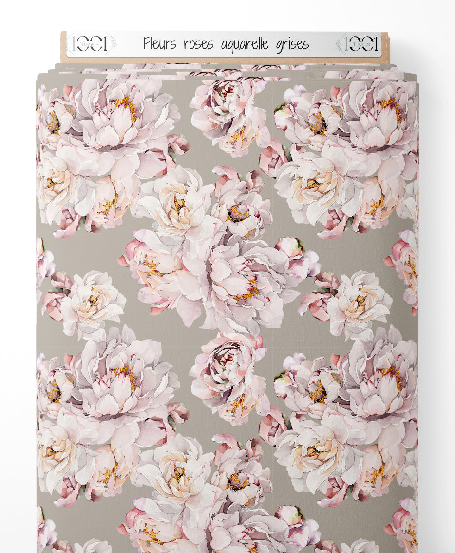 Tissu - Fleurs roses aquarelle grises