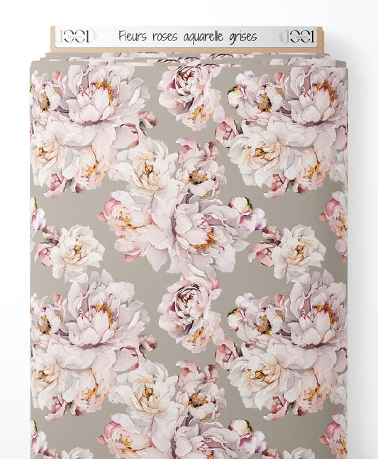 Tissu - Fleurs roses aquarelle grises