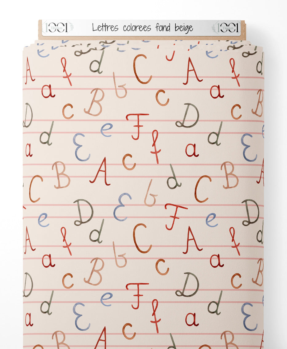 Tissu - Lettres colorées sur fond beige