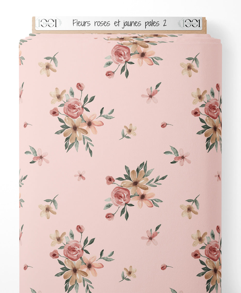 Tissu - Fleurs roses et jaunes pâles 2