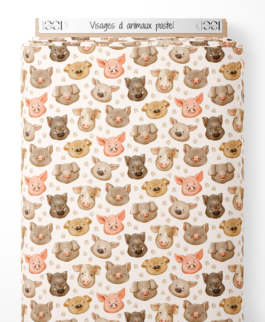 Tissu - Visages d'animaux pastel