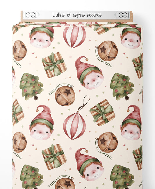 Tissu - Lutins et sapins décorés