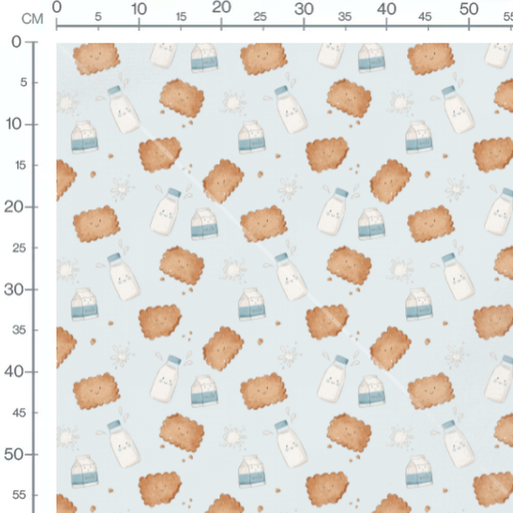 Tissu - Biscuits et lait sur bleu clair