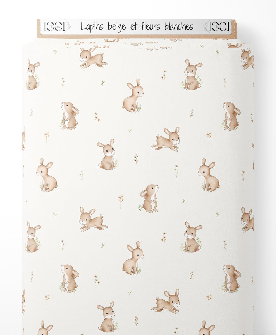 Tissu - Lapins beige et fleurs blanches