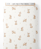 Tissu - Lapins beige et fleurs blanches