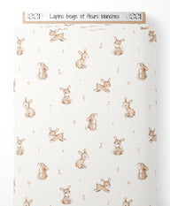 Tissu - Lapins beige et fleurs blanches
