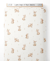 Tissu - Lapins beige et fleurs blanches