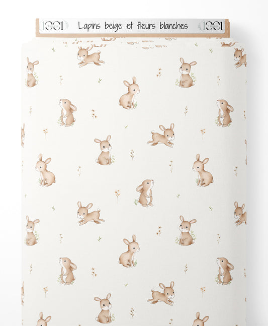Tissu - Lapins beige et fleurs blanches