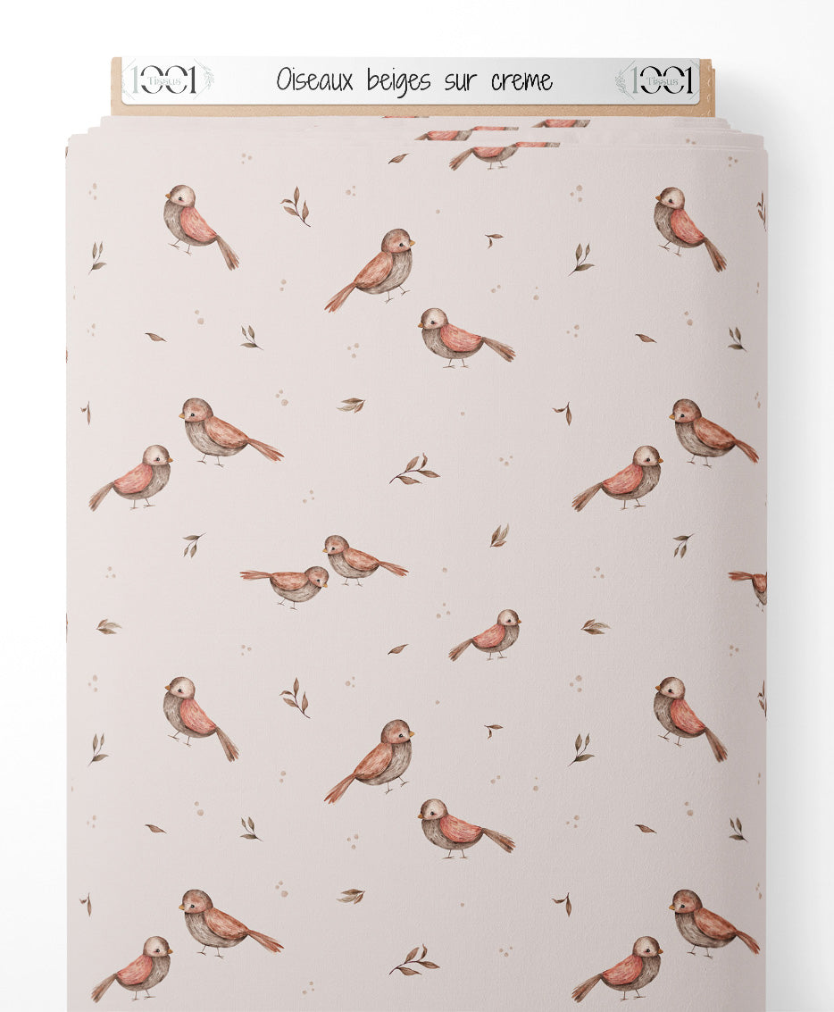 Tissu - Oiseaux beiges sur crème