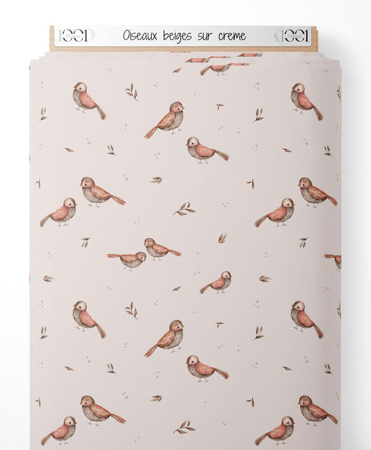 Tissu - Oiseaux beiges sur crème